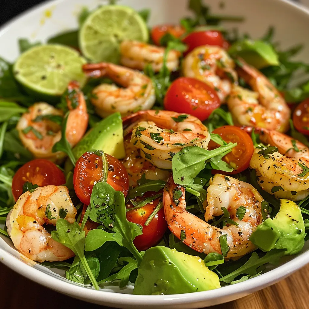 Side view photograph of a colorful salad featuring shrimp, avocado, cherry tomatoes, and arugula sprouts.