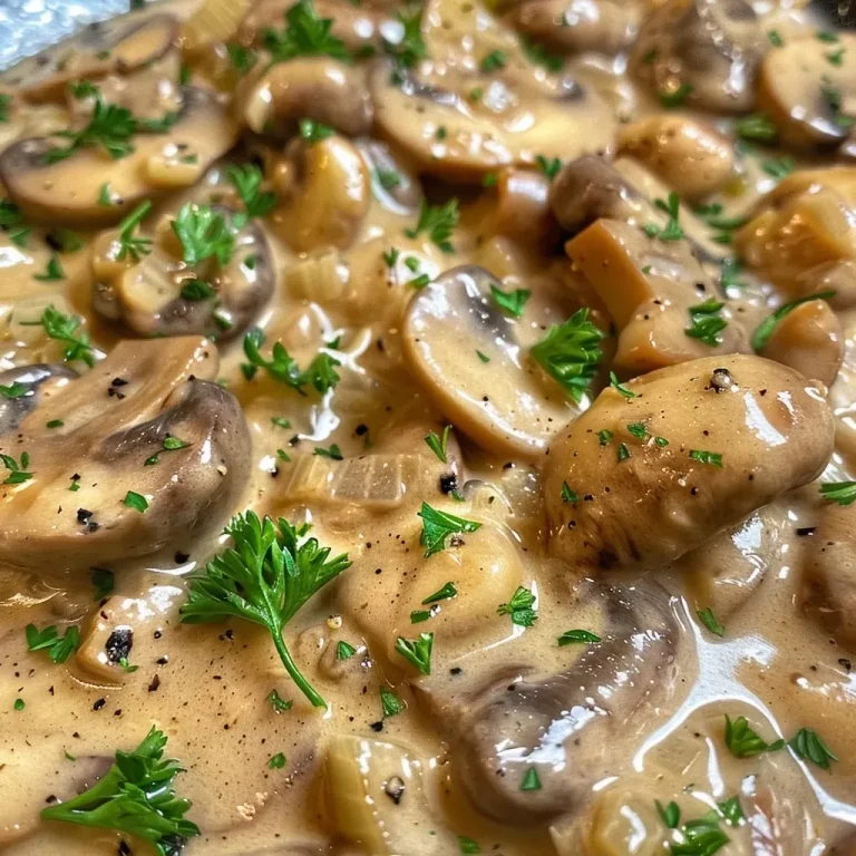 Indulgent Mushroom Stroganoff: A Creamy Plant-Based Delight! Close-up side view of a creamy Mushroom Stroganoff with fresh parsley.