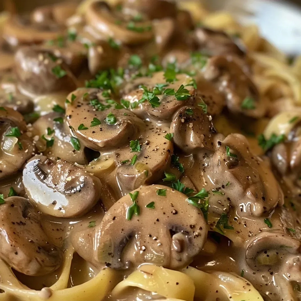 Delicious Mushroom Stroganoff served in a bowl, showcasing mushrooms and sauce.