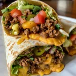 Close-up view of a juicy nacho cheese beef wrap, showcasing melted cheese and beef filling.