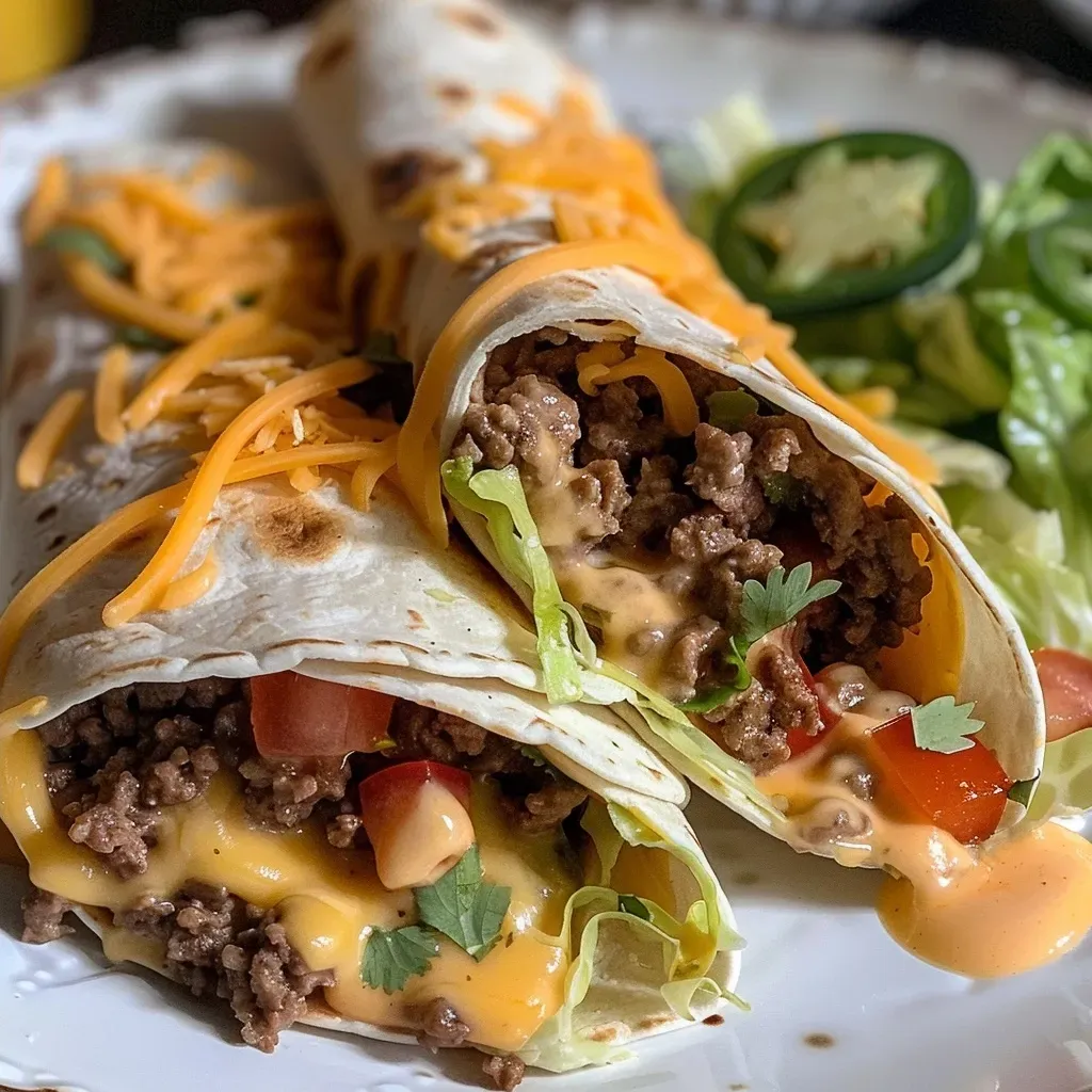 Close-up of a juicy nacho cheese beef wrap with melted cheese and toppings.