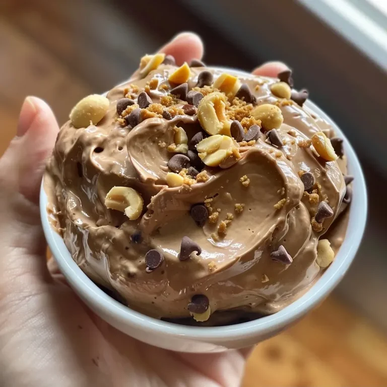 Close-up view of a creamy No-Bake Chocolate Peanut Butter Mousse in a glass bowl.