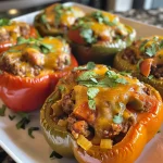 Close-up view of colorful stuffed bell peppers filled with ground beef and cheese.