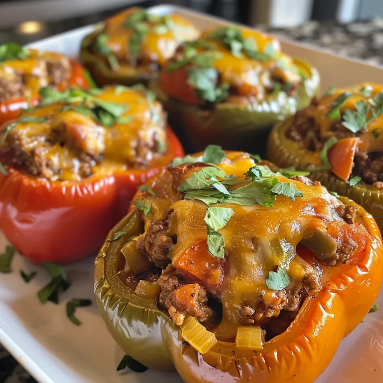 Close-up view of colorful stuffed bell peppers filled with ground beef and cheese.