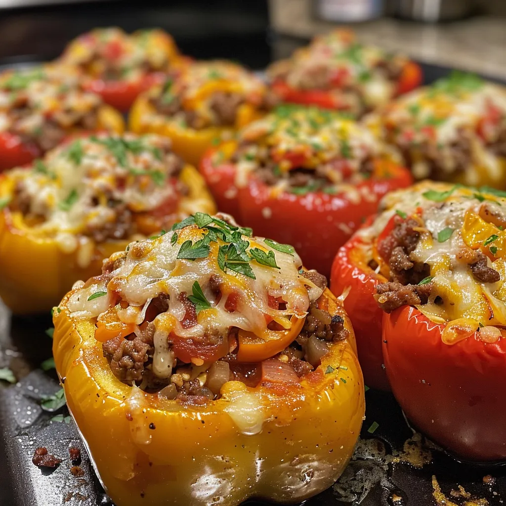 Juicy bell peppers stuffed with a savory mix of meat, sauce, and cheese, seen from the side.