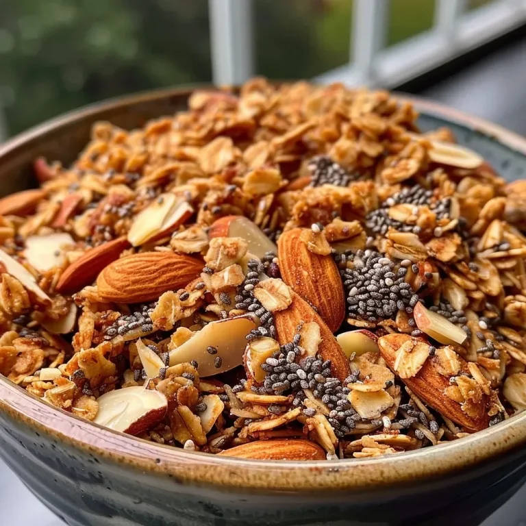 Close-up view of a bowl of oil-free granola with almonds and chia seeds.