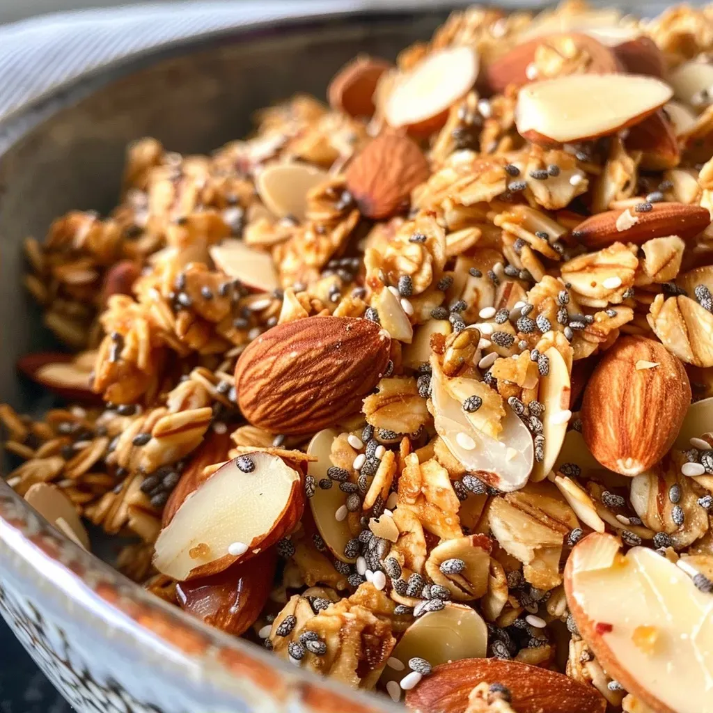 Side view of granola featuring oats, nuts, and a sprinkle of cinnamon.
