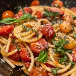 Close-up of a vibrant bowl of One Pan Triple Tomato Basil Pasta with fresh basil and cherry tomatoes.