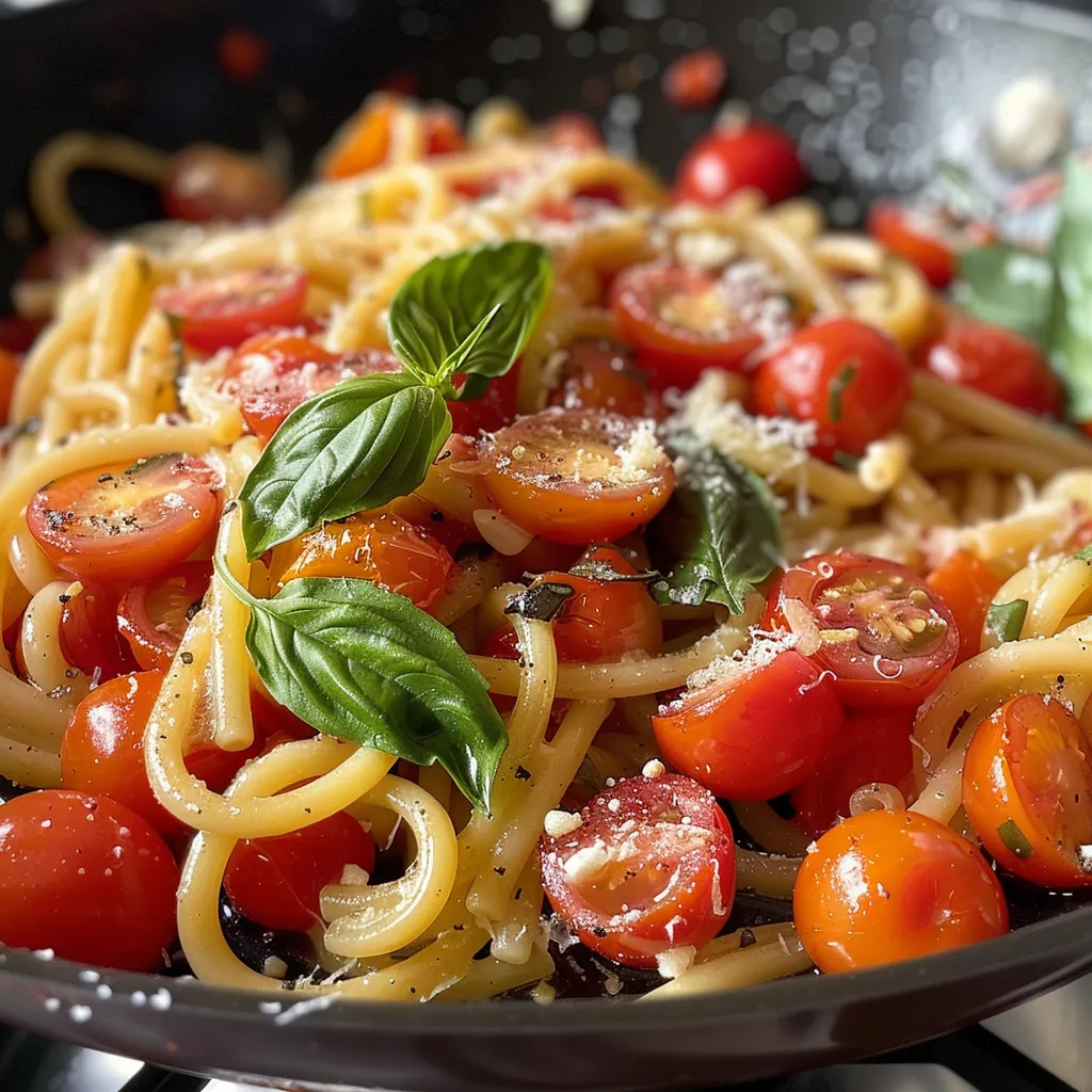 Juicy One Pan Triple Tomato Basil Pasta garnished with sun-dried tomatoes and minced garlic.