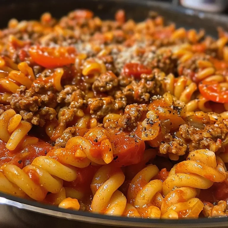 Close-up view of a bowl filled with One-Pot Beefy Tomato Pasta, featuring ground beef and colorful pasta.