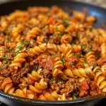 A close-up view of a bowl filled with One-Pot Beefy Tomato Pasta, featuring chunks of ground beef and vibrant tomatoes.