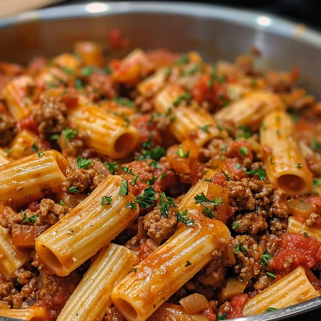 Side view of a delicious One-Pot Beefy Tomato Pasta dish, showcasing juicy beef and pasta in a rich tomato sauce.