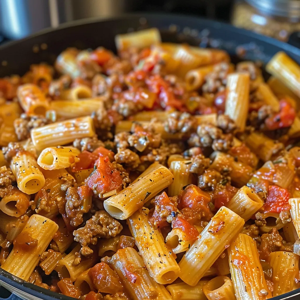 A side view of a steaming plate of One-Pot Beefy Tomato Pasta, highlighting the rich sauce and pasta shapes.