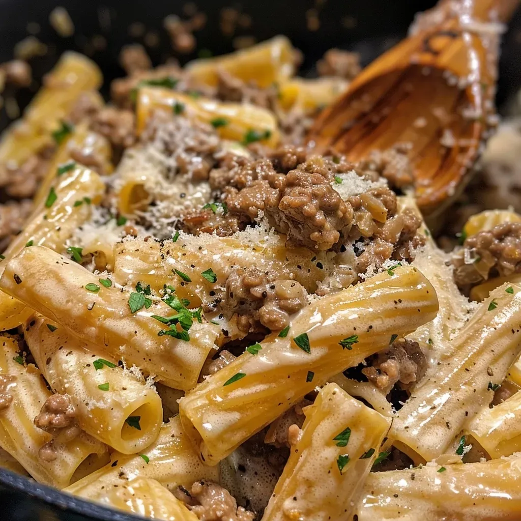 Side view of a bowl filled with delicious one-pot creamy beef pasta, showcasing the ingredients.