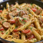 A creamy Cajun sausage pasta dish featuring colorful bell peppers and garnished with parsley.