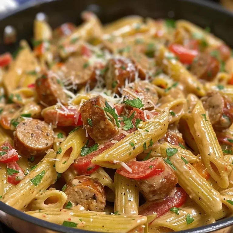 30-Minute Cajun Sausage Pasta: A Flavor Explosion in One Pot! A creamy Cajun sausage pasta dish featuring colorful bell peppers and garnished with parsley.
