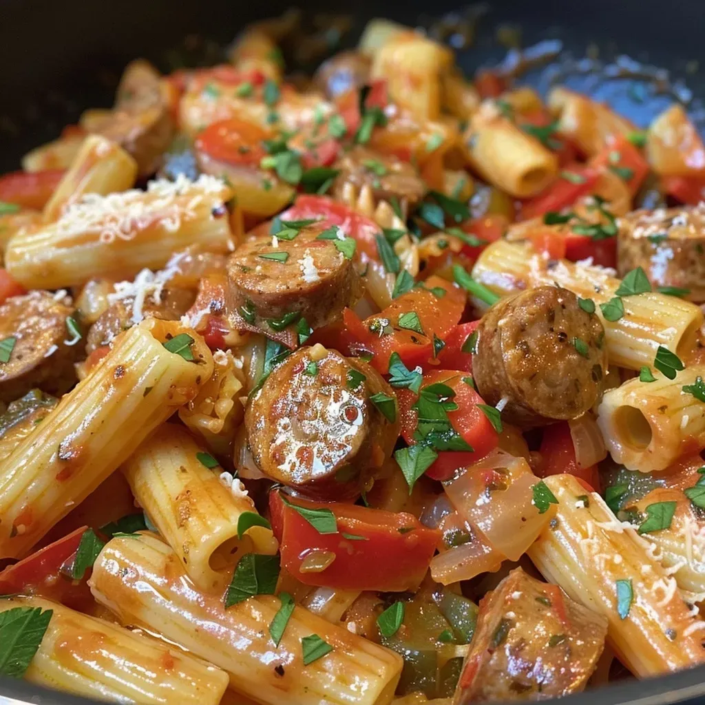 Close-up view of One Pot Creamy Cajun Sausage Pasta with a rich sauce and fresh spinach.