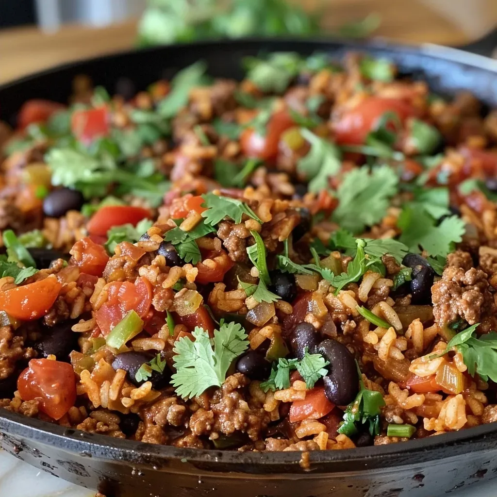 Side view of a colorful one-skillet meal featuring beef, rice, and beans in a savory sauce.