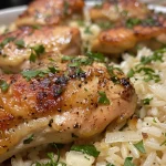 Close-up of juicy oven-baked chicken thigh fillets served with fluffy rice.