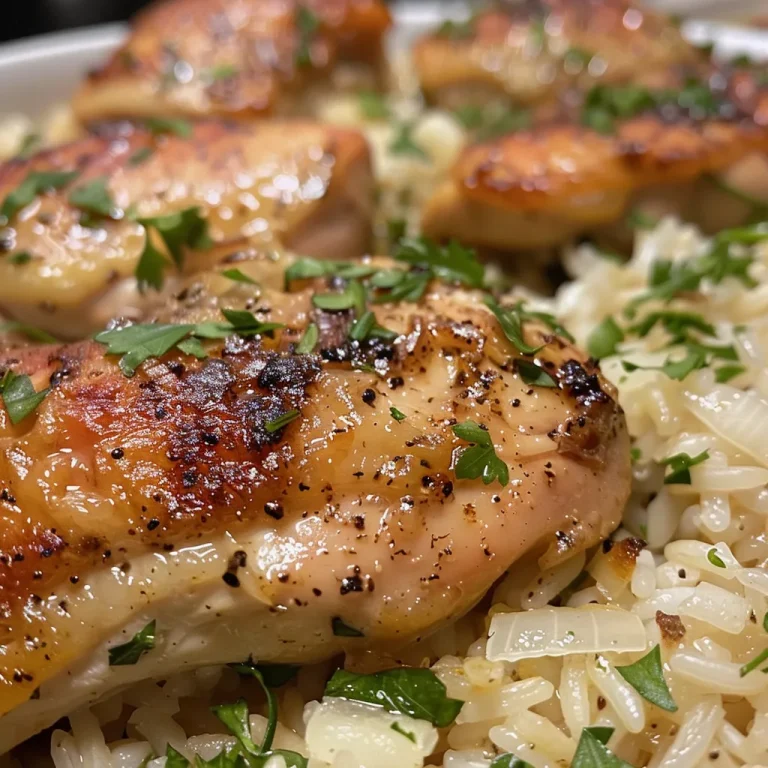 Flavor-Packed Oven-Baked Chicken and Rice: A Wholesome Delight! Close-up of juicy oven-baked chicken thigh fillets served with fluffy rice.