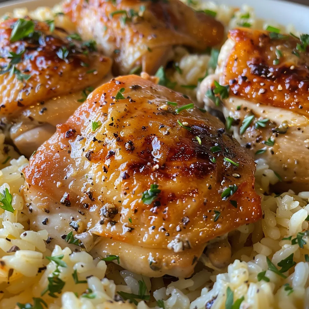 Side view of a plate featuring oven-baked chicken and rice, garnished with parsley.