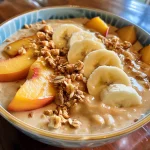 A vibrant peach banana smoothie bowl topped with fresh fruit and nuts.