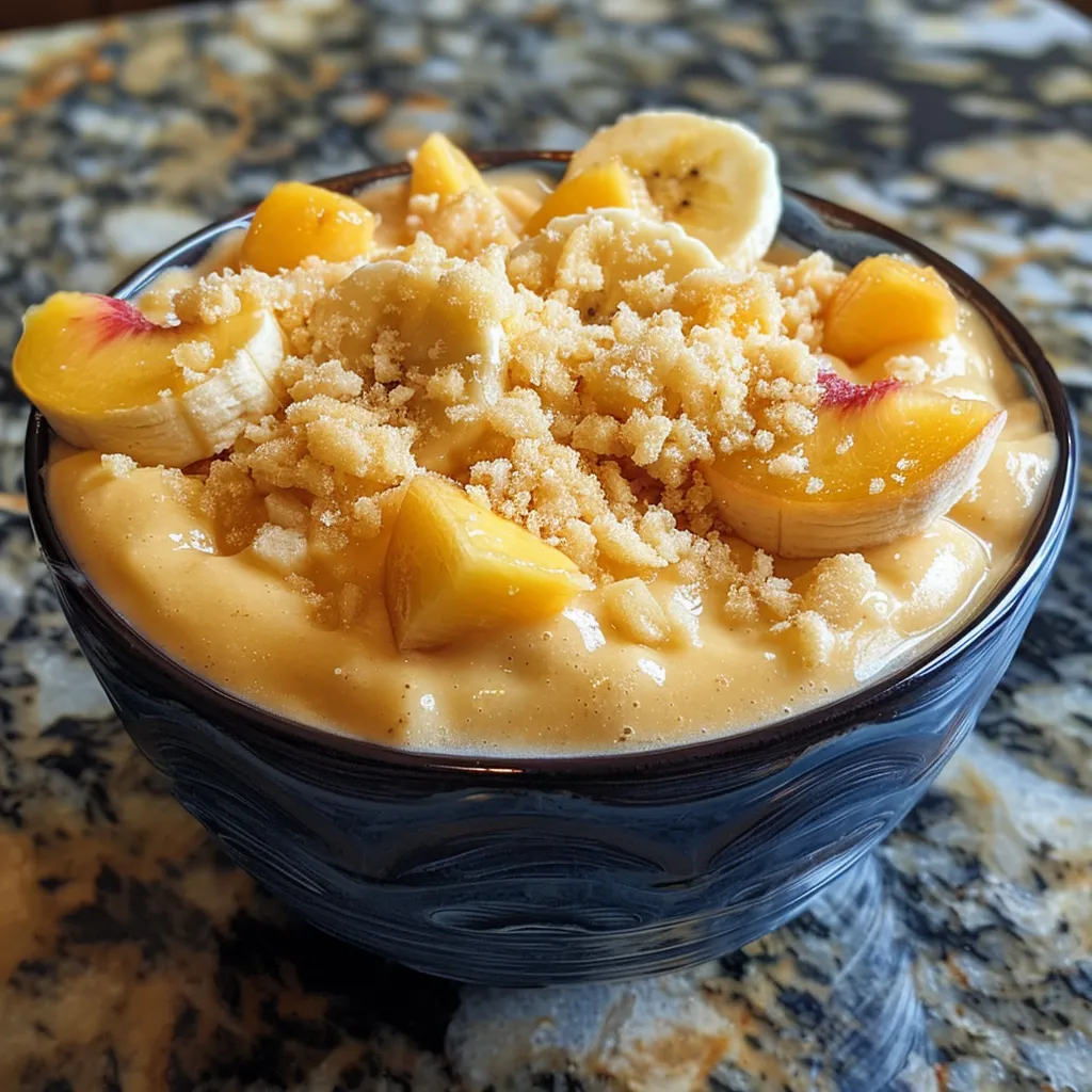 Close-up view of a peach banana smoothie bowl with a creamy texture and colorful toppings.