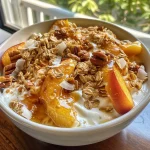Close-up side view of a Peach Crisp Yogurt Bowl topped with peaches and granola.