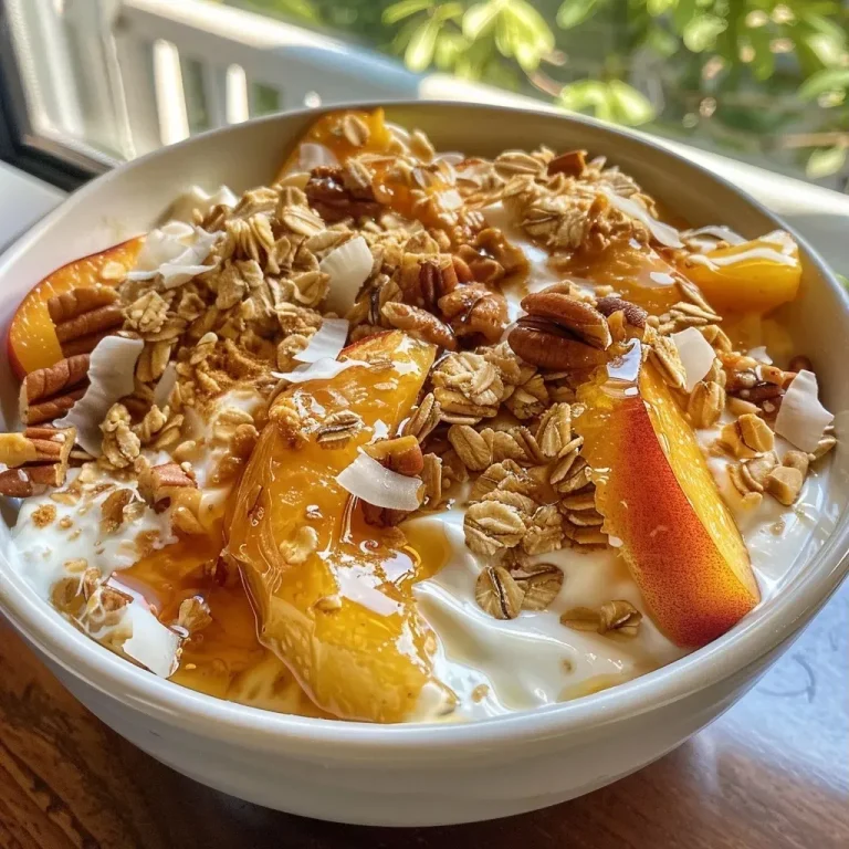 Close-up side view of a Peach Crisp Yogurt Bowl topped with peaches and granola.