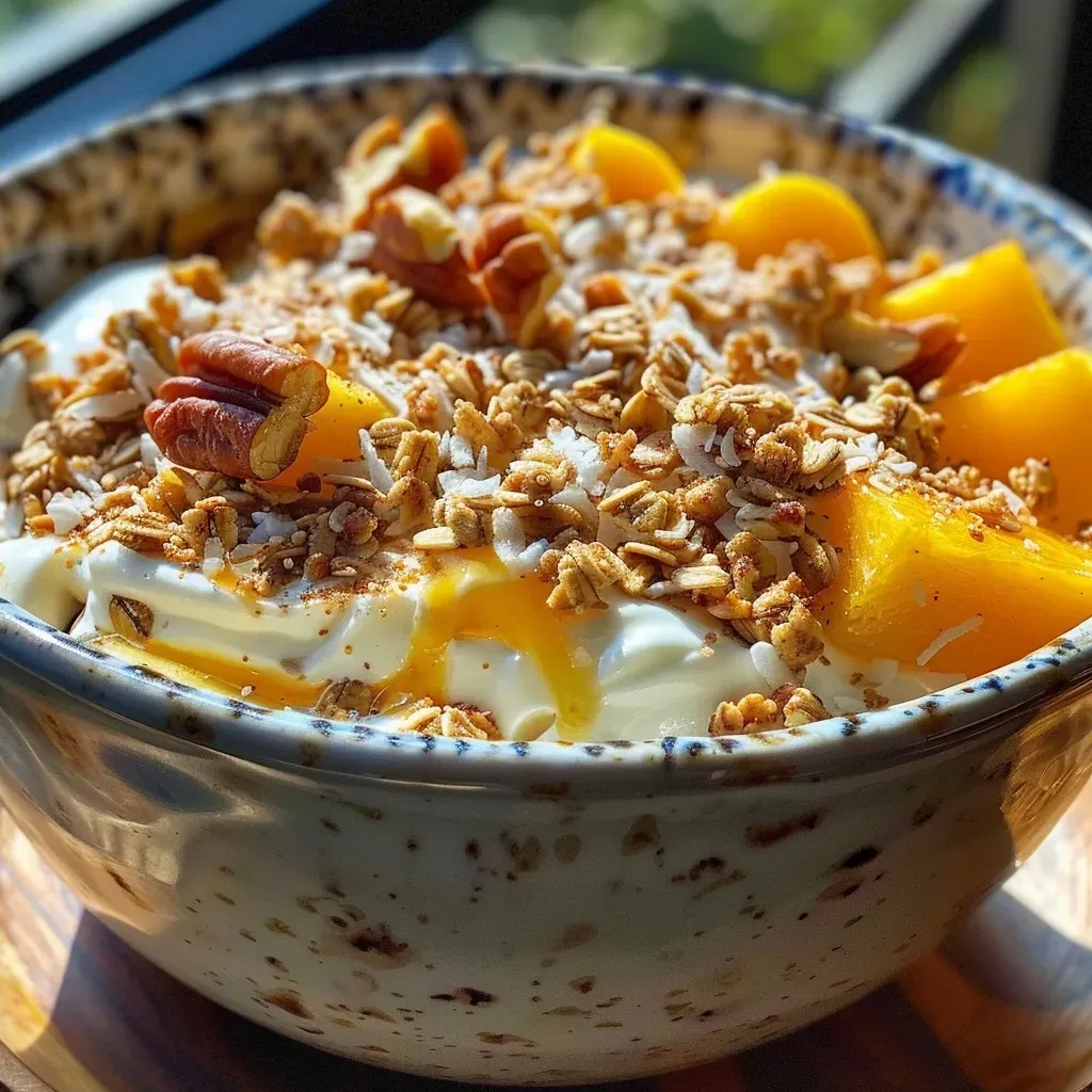 A vibrant bowl of yogurt layered with oats, peaches, and nuts from a side angle.