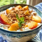 A close-up view of a peach yogurt bowl with sliced peaches and granola.