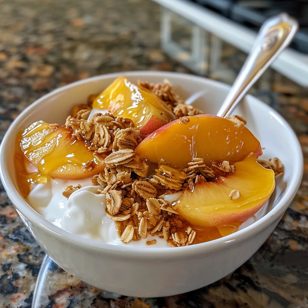 Side view of a yogurt bowl featuring creamy Greek yogurt, fresh peach slices, and a sprinkle of granola.