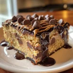 Close-up view of a slice of Peanut Butter Cup Dump Cake, showcasing its rich layers.