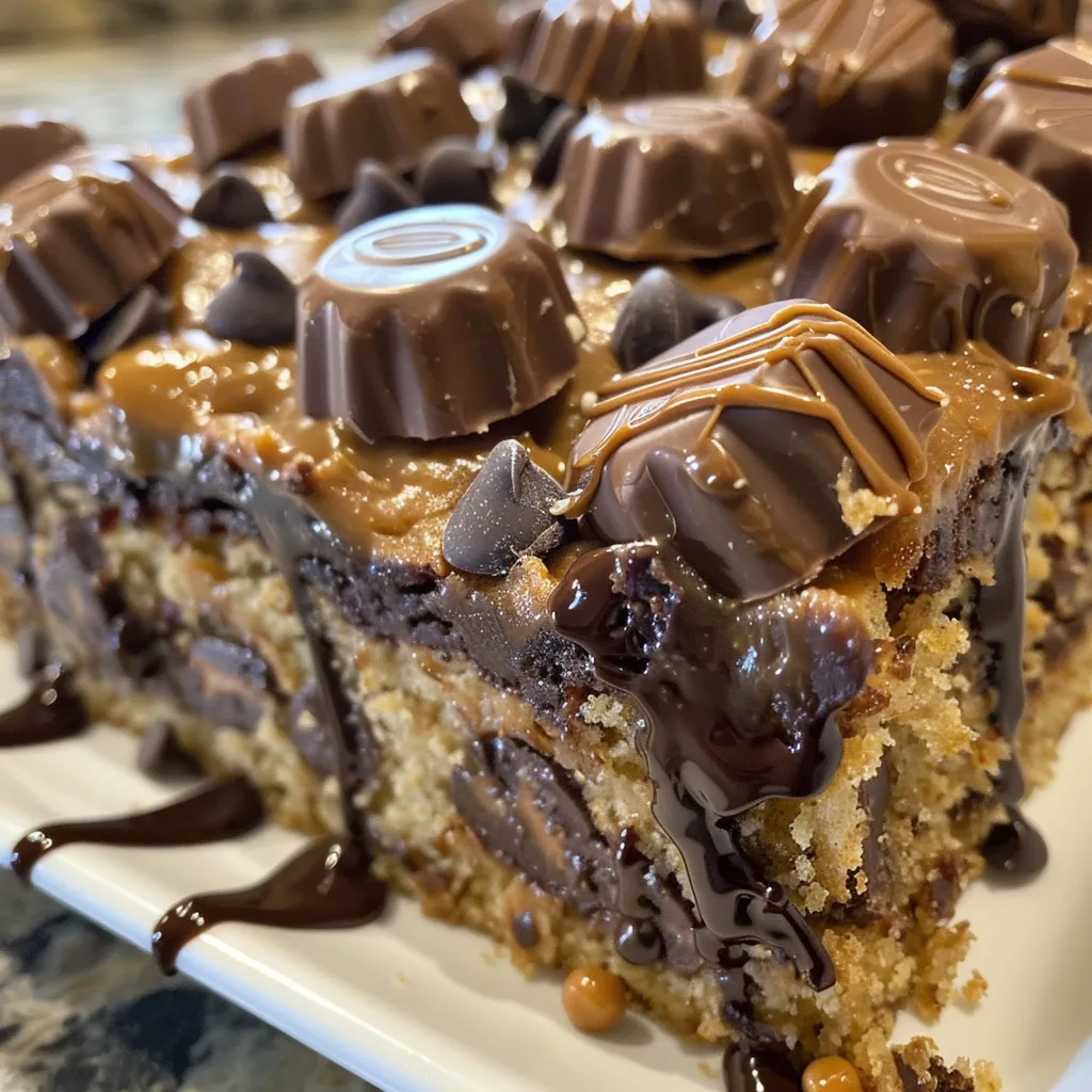Side view of a gooey Peanut Butter Cup Dump Cake with chocolate and peanut butter toppings.