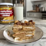 Close-up of a layered Peanut Butter Lasagna with chocolate cookie crust.