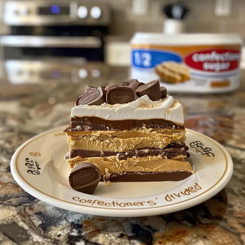 Side view of Peanut Butter Lasagna showing creamy layers and chocolate toppings.