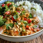 Close-up of Peanut Satay Chicken Stir Fry with colorful vegetables and peanuts.