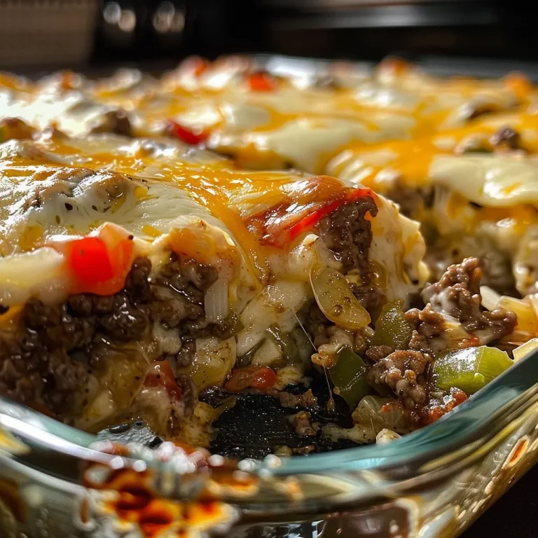 Close-up photo of a juicy Philly Cheese Steak Casserole with melted cheese on top.