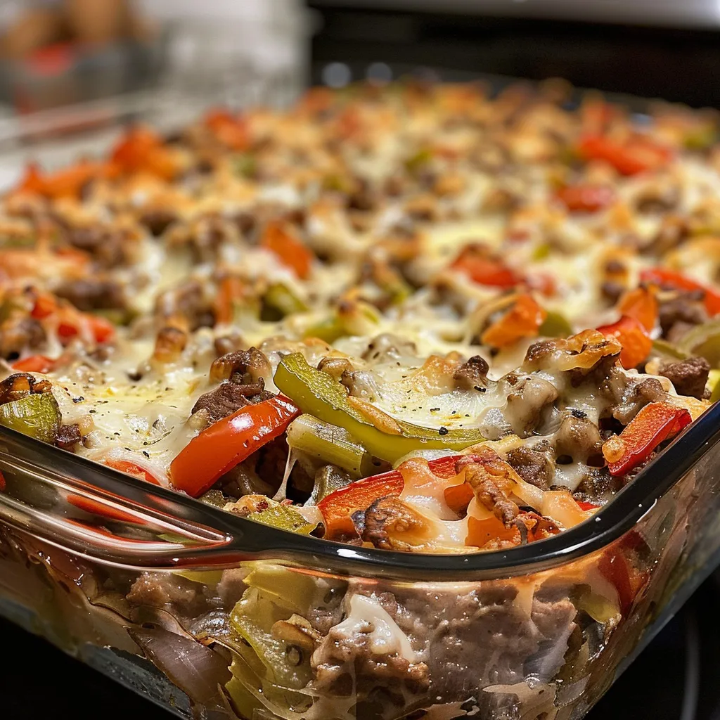 Side view of a delicious Philly Cheese Steak Casserole, showcasing layers of beef and cheese.