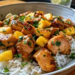 Close-up view of a juicy pineapple chicken dish with vibrant colors.