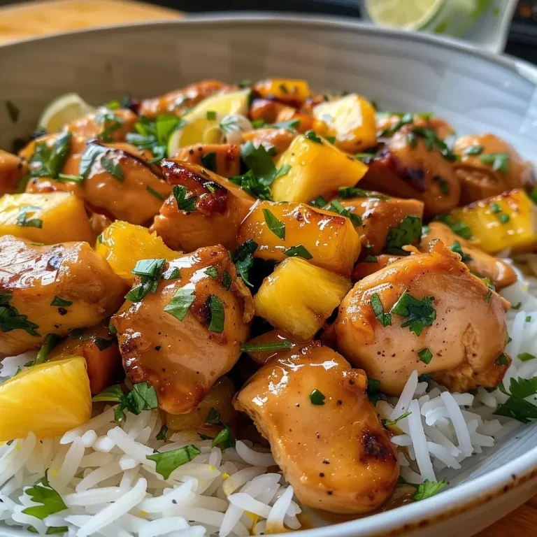 Close-up view of a juicy pineapple chicken dish with vibrant colors.