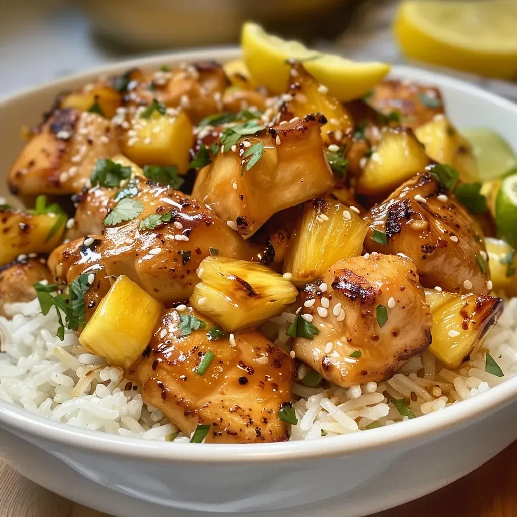 Side view of Pineapple Chicken served with rice and garnished with cilantro.