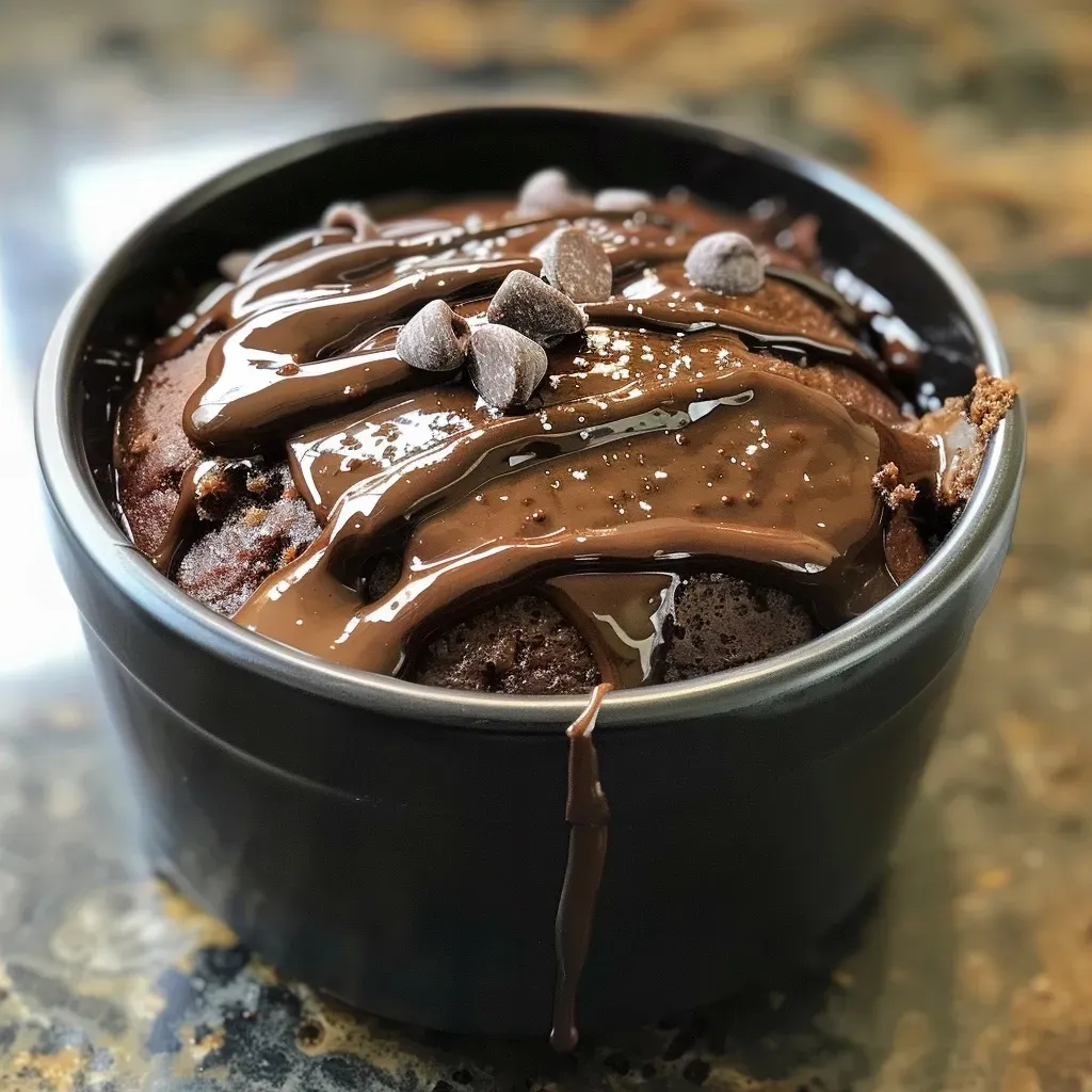 Side view of a steaming chocolate lava mug cake in a ceramic mug, oozing chocolate.