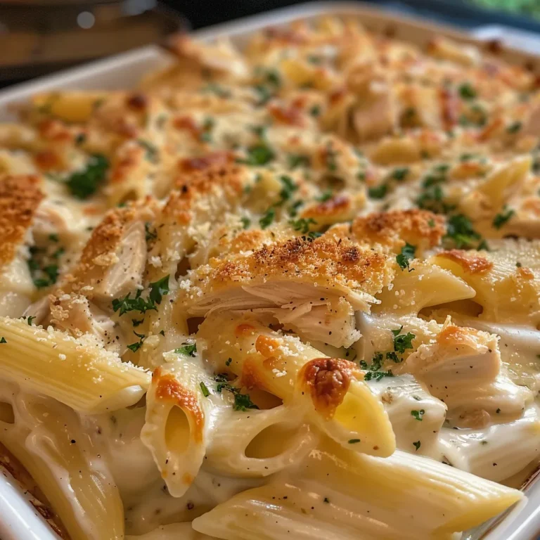 Close-up of a baked chicken alfredo dish with a golden cheese topping.