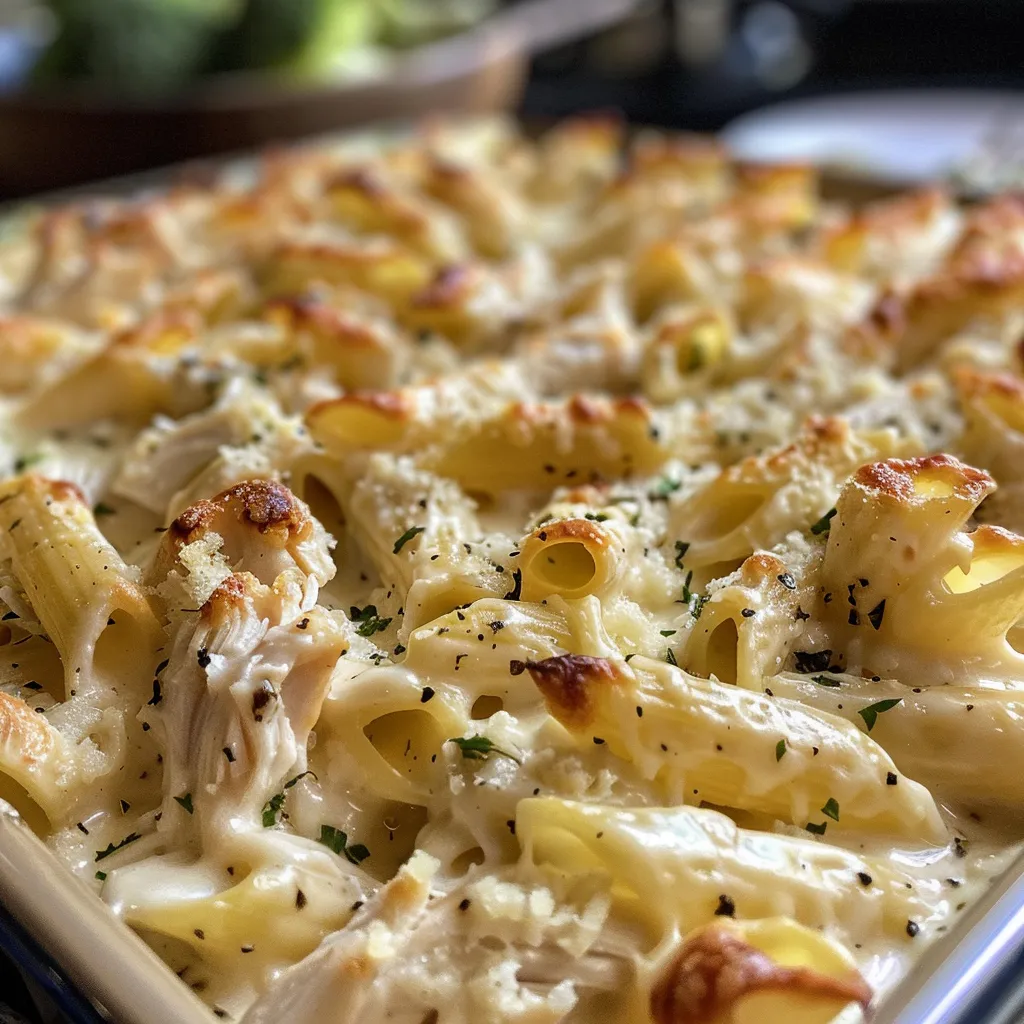 Side view of a casserole dish filled with creamy chicken alfredo and pasta.