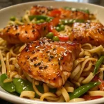 Close-up of a vibrant salmon noodle stir-fry with colorful vegetables and noodles.