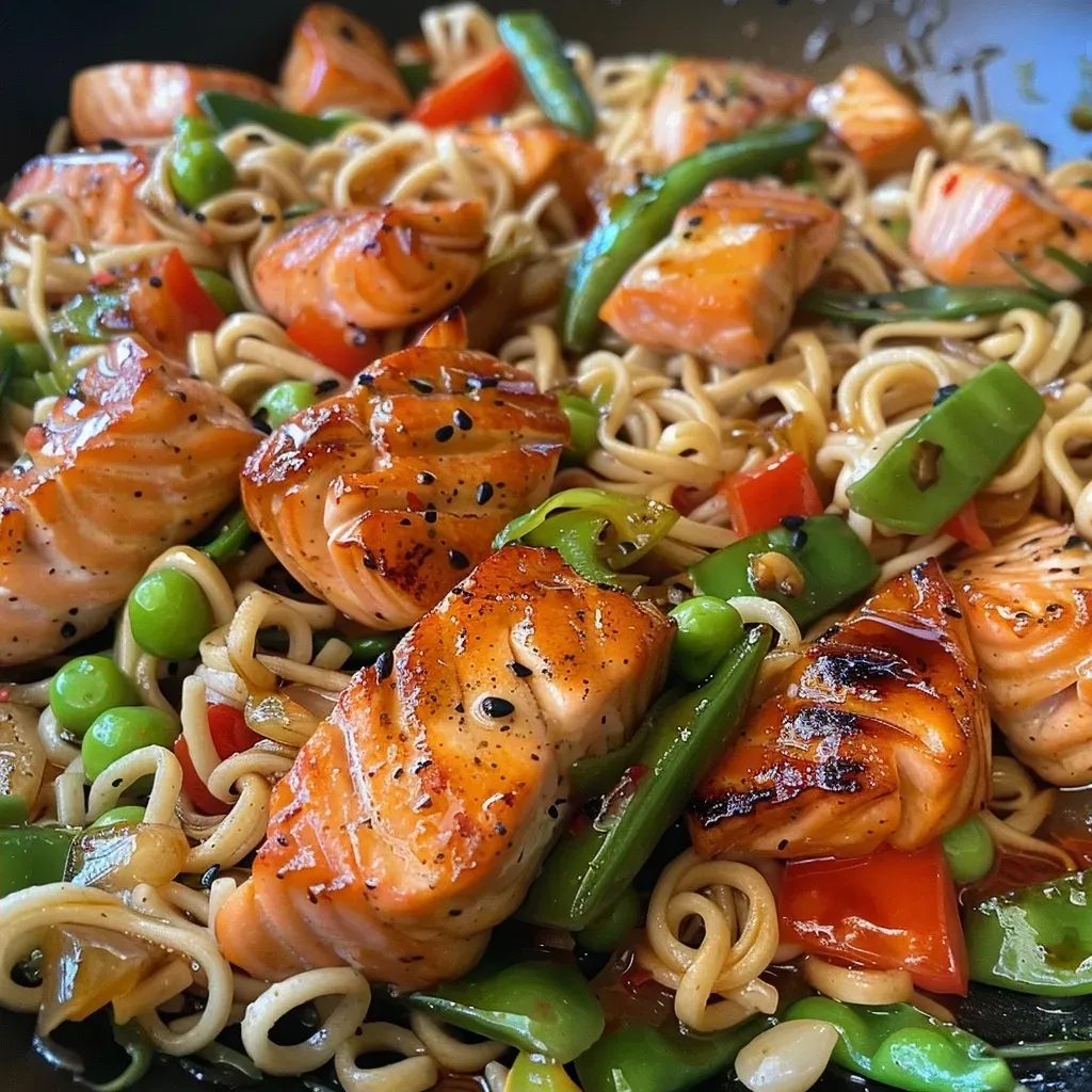 Side view of a delicious garlic ginger salmon dish featuring fresh noodles and bright veggies.