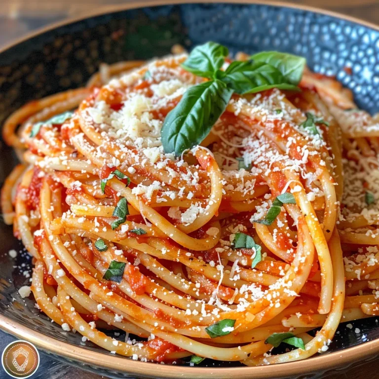 A close-up side view of a plate of spaghetti topped with marinara sauce and garnished with fresh basil.