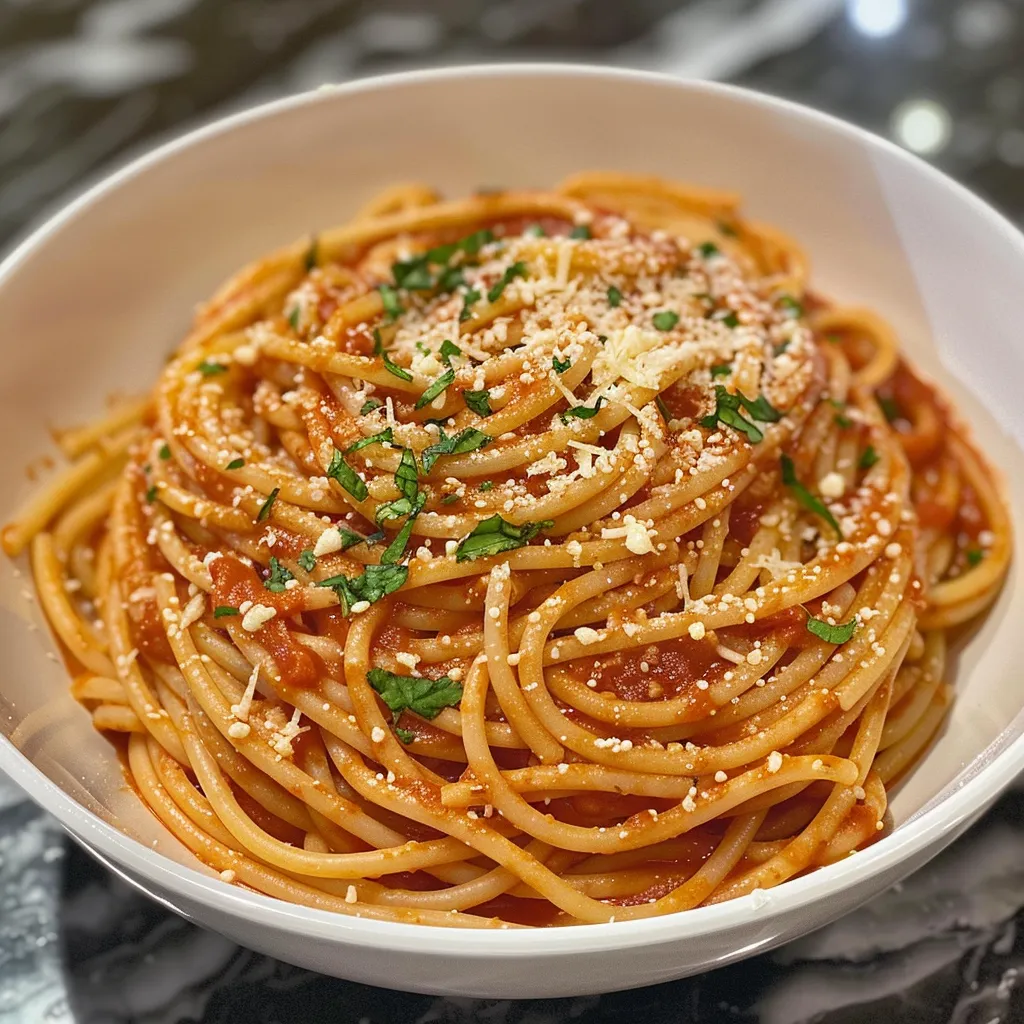 Juicy spaghetti covered in vibrant marinara sauce, sprinkled with Parmesan cheese, captured in a close-up shot.