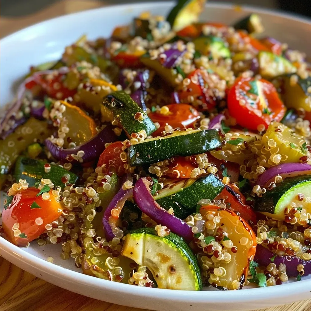 Side view of a vibrant dish featuring quinoa and an array of roasted zucchini, bell peppers, and onions.